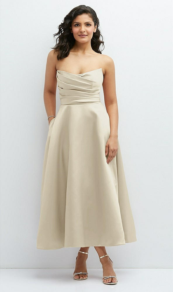 Front View - Champagne Draped Bodice Strapless Satin Midi Dress with Full Circle Skirt