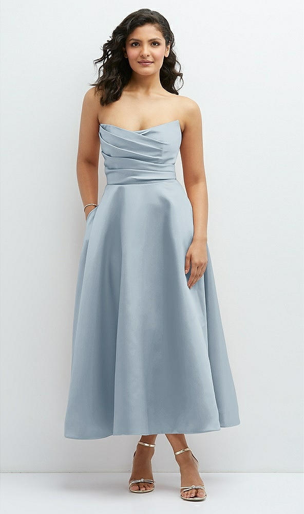 Front View - Mist Draped Bodice Strapless Satin Midi Dress with Full Circle Skirt
