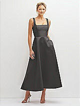 Front View Thumbnail - Caviar Gray Square Neck Satin Midi Dress with Full Skirt & Pockets