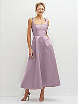 Front View Thumbnail - Suede Rose Square Neck Satin Midi Dress with Full Skirt & Pockets