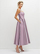 Side View Thumbnail - Suede Rose Square Neck Satin Midi Dress with Full Skirt & Pockets