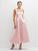 Front View Thumbnail - Ballet Pink Square Neck Satin Midi Dress with Full Skirt & Pockets