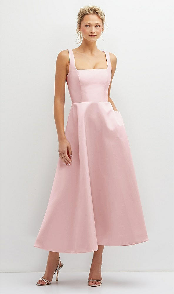 Front View - Ballet Pink Square Neck Satin Midi Dress with Full Skirt & Pockets