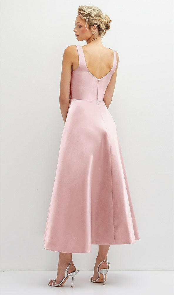 Back View - Ballet Pink Square Neck Satin Midi Dress with Full Skirt & Pockets