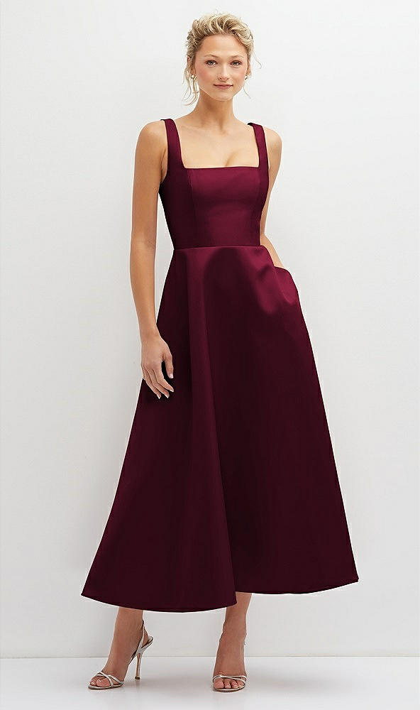 Front View - Cabernet Square Neck Satin Midi Dress with Full Skirt & Pockets