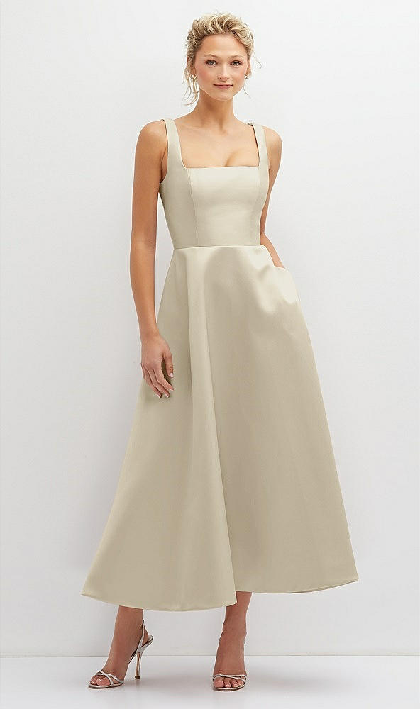 Front View - Champagne Square Neck Satin Midi Dress with Full Skirt & Pockets