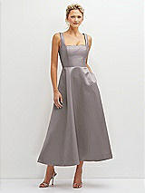 Front View Thumbnail - Cashmere Gray Square Neck Satin Midi Dress with Full Skirt & Pockets