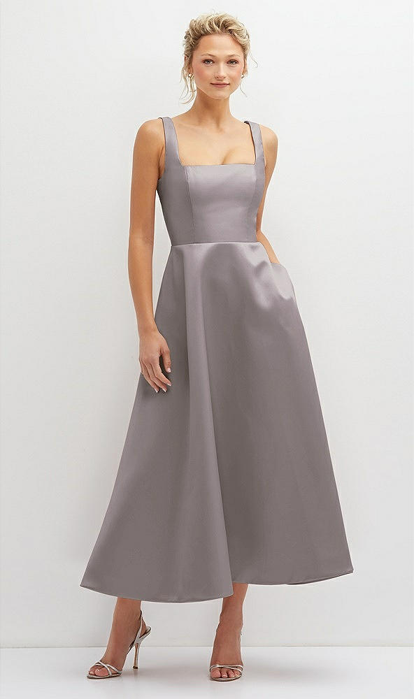 Front View - Cashmere Gray Square Neck Satin Midi Dress with Full Skirt & Pockets