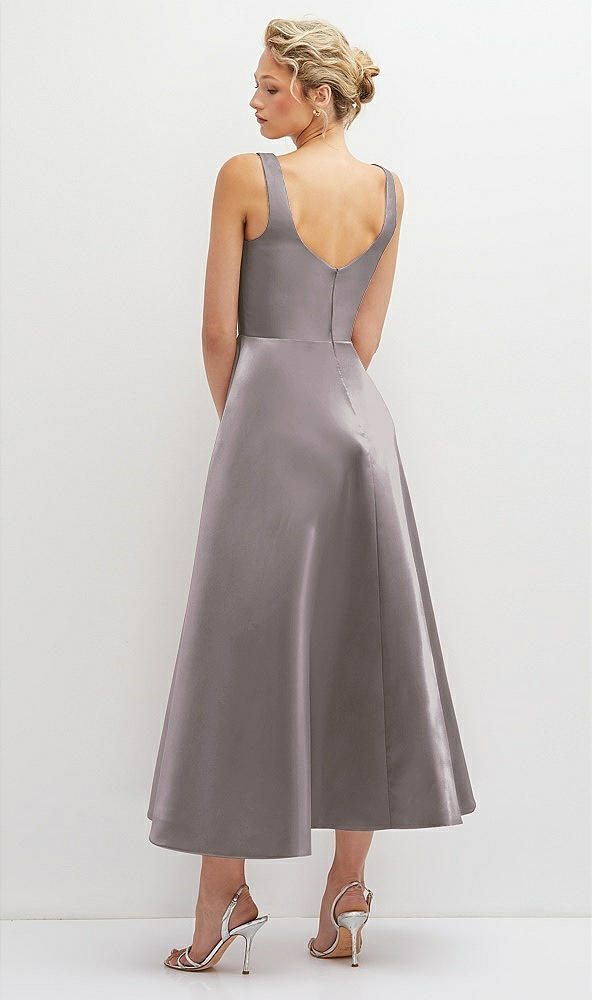 Back View - Cashmere Gray Square Neck Satin Midi Dress with Full Skirt & Pockets
