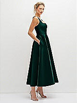 Side View Thumbnail - Evergreen Square Neck Satin Midi Dress with Full Skirt & Pockets