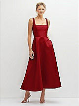 Front View Thumbnail - Garnet Square Neck Satin Midi Dress with Full Skirt & Pockets
