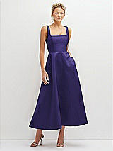 Front View Thumbnail - Grape Square Neck Satin Midi Dress with Full Skirt & Pockets
