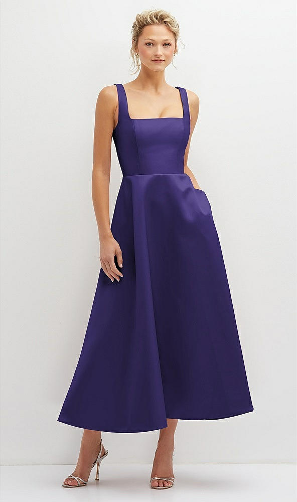 Front View - Grape Square Neck Satin Midi Dress with Full Skirt & Pockets