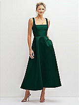 Front View Thumbnail - Hunter Green Square Neck Satin Midi Dress with Full Skirt & Pockets