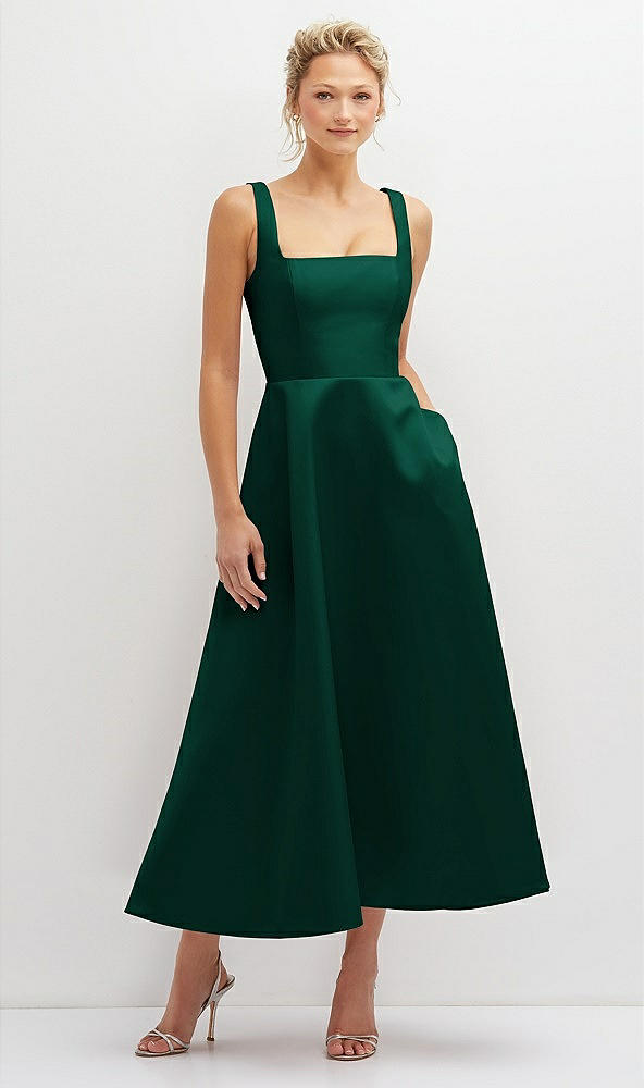 Front View - Hunter Green Square Neck Satin Midi Dress with Full Skirt & Pockets