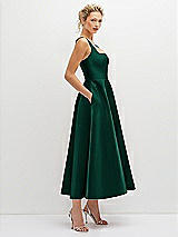Side View Thumbnail - Hunter Green Square Neck Satin Midi Dress with Full Skirt & Pockets