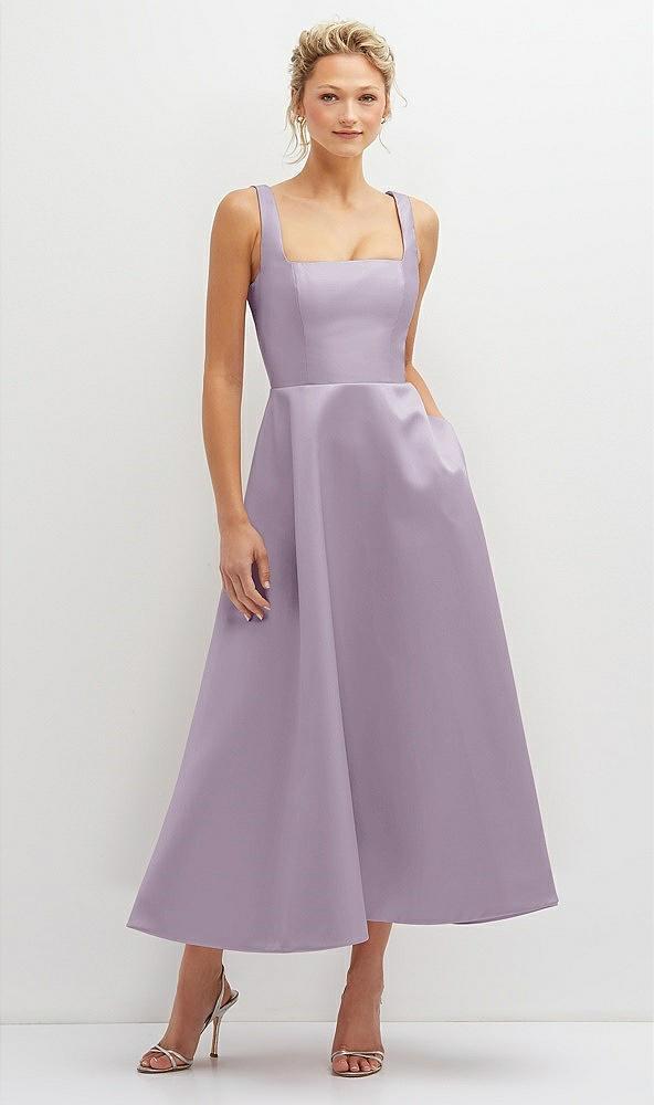 Front View - Lilac Haze Square Neck Satin Midi Dress with Full Skirt & Pockets