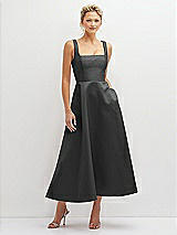 Front View Thumbnail - Pewter Square Neck Satin Midi Dress with Full Skirt & Pockets