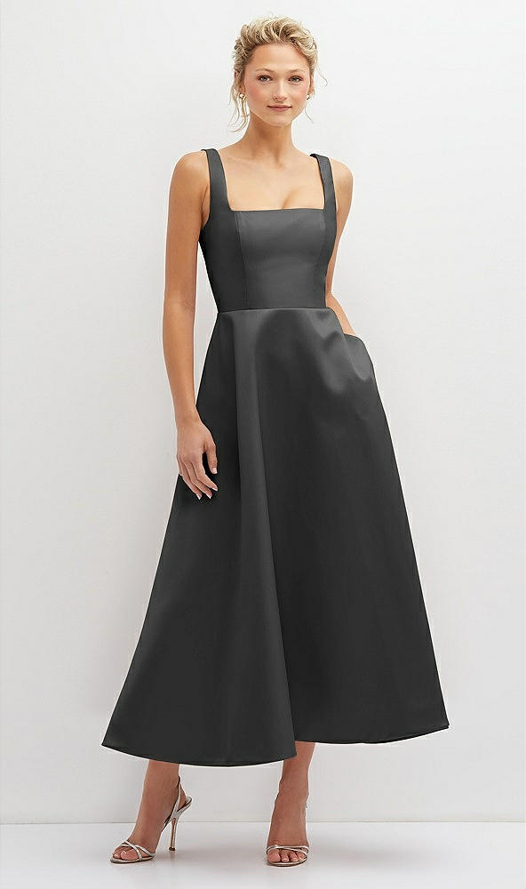 Front View - Pewter Square Neck Satin Midi Dress with Full Skirt & Pockets