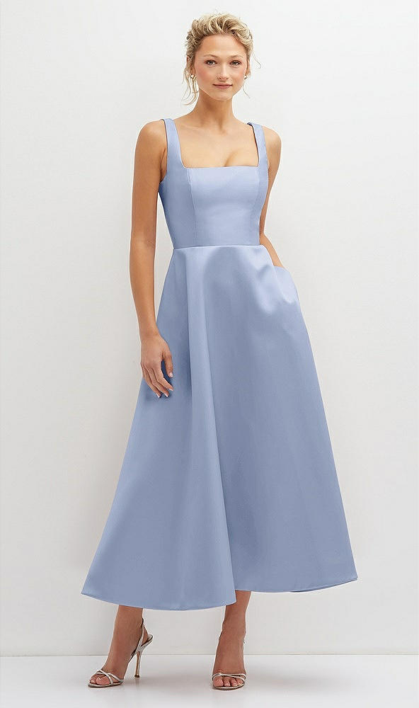 Front View - Sky Blue Square Neck Satin Midi Dress with Full Skirt & Pockets