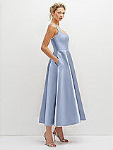 Side View Thumbnail - Sky Blue Square Neck Satin Midi Dress with Full Skirt & Pockets