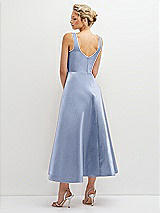 Rear View Thumbnail - Sky Blue Square Neck Satin Midi Dress with Full Skirt & Pockets