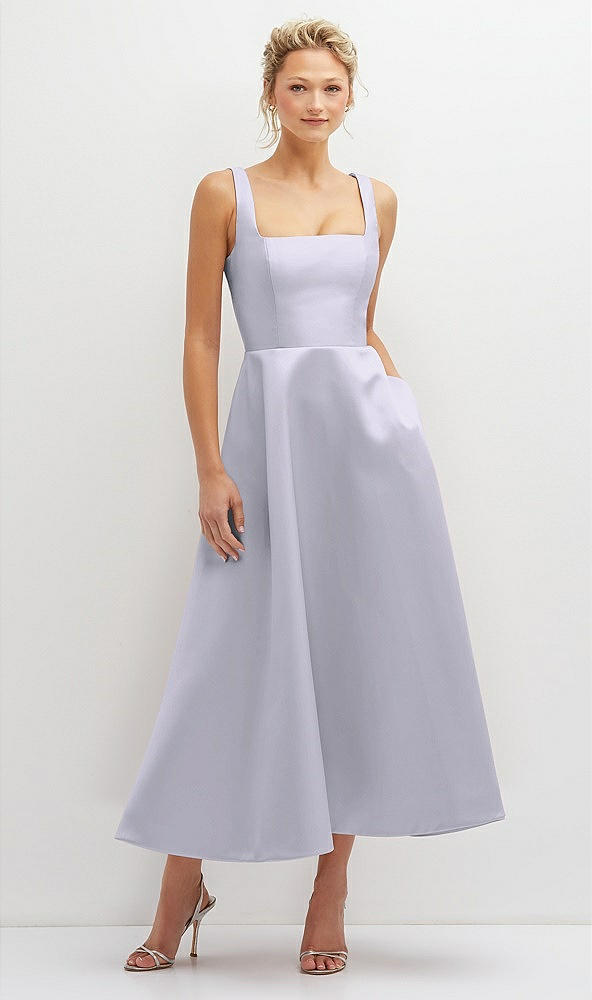 Front View - Silver Dove Square Neck Satin Midi Dress with Full Skirt & Pockets