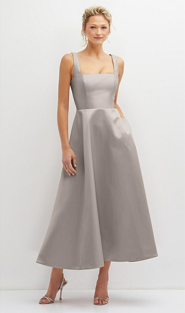 Front View - Taupe Square Neck Satin Midi Dress with Full Skirt & Pockets