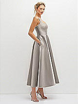 Side View Thumbnail - Taupe Square Neck Satin Midi Dress with Full Skirt & Pockets
