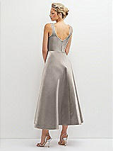 Rear View Thumbnail - Taupe Square Neck Satin Midi Dress with Full Skirt & Pockets