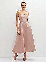 Front View Thumbnail - Toasted Sugar Square Neck Satin Midi Dress with Full Skirt & Pockets