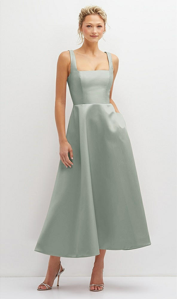 Front View - Willow Green Square Neck Satin Midi Dress with Full Skirt & Pockets
