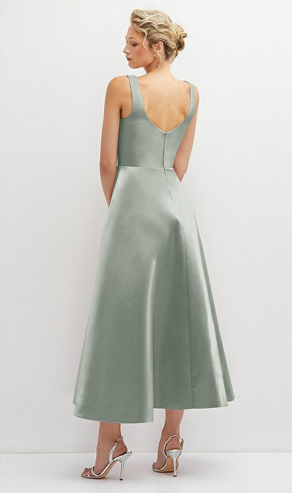 Back View - Willow Green Square Neck Satin Midi Dress with Full Skirt & Pockets