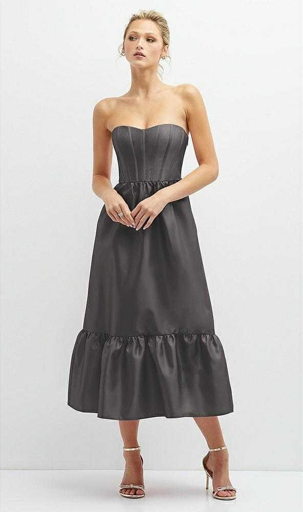 Front View - Caviar Gray Strapless Satin Midi Corset Dress with Lace-Up Back & Ruffle Hem