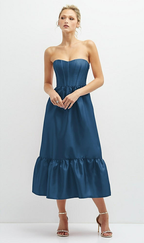 Front View - Dusk Blue Strapless Satin Midi Corset Dress with Lace-Up Back & Ruffle Hem