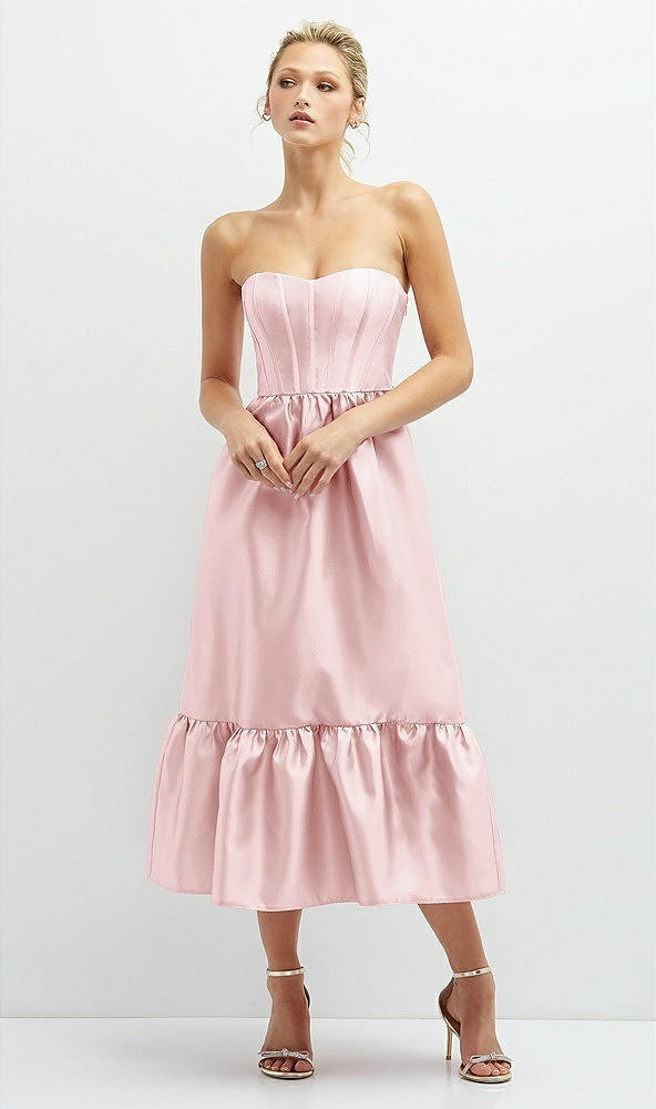 Front View - Ballet Pink Strapless Satin Midi Corset Dress with Lace-Up Back & Ruffle Hem