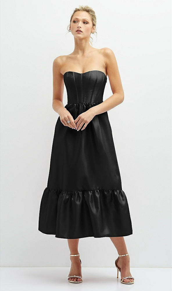 Front View - Black Strapless Satin Midi Corset Dress with Lace-Up Back & Ruffle Hem