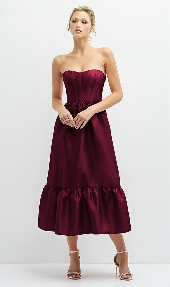 Front View - Cabernet Strapless Satin Midi Corset Dress with Lace-Up Back & Ruffle Hem
