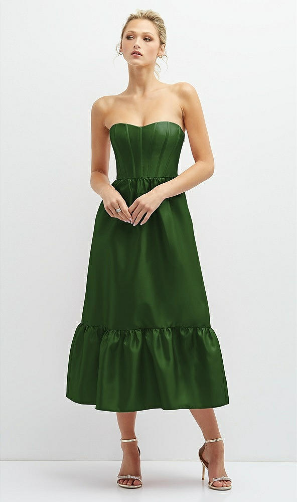 Front View - Celtic Strapless Satin Midi Corset Dress with Lace-Up Back & Ruffle Hem