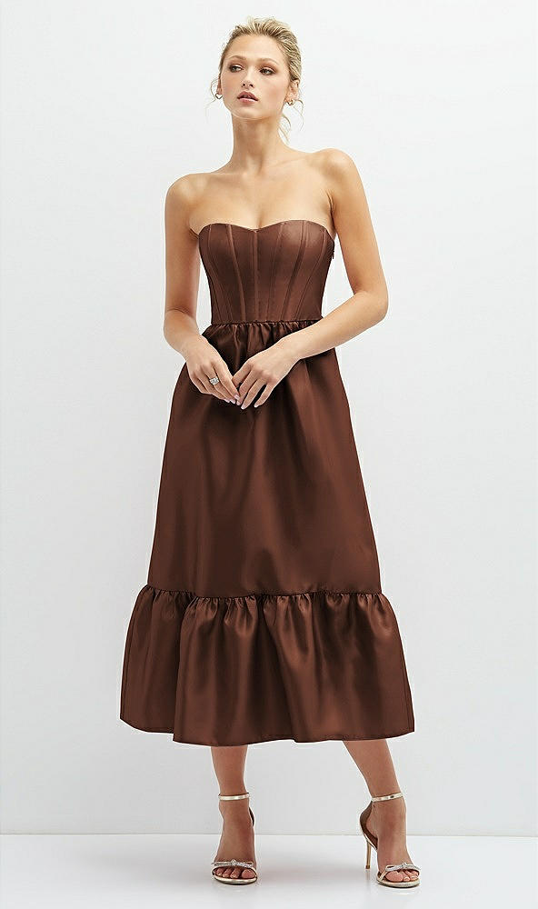 Front View - Cognac Strapless Satin Midi Corset Dress with Lace-Up Back & Ruffle Hem