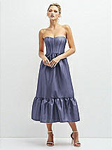 Front View Thumbnail - French Blue Strapless Satin Midi Corset Dress with Lace-Up Back & Ruffle Hem