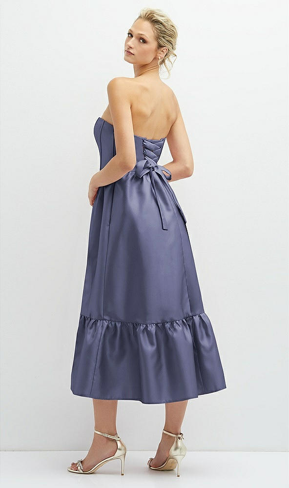 Back View - French Blue Strapless Satin Midi Corset Dress with Lace-Up Back & Ruffle Hem