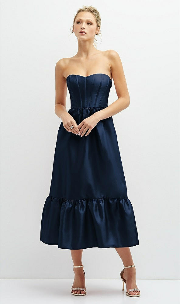 Front View - Midnight Navy Strapless Satin Midi Corset Dress with Lace-Up Back & Ruffle Hem