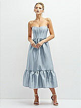 Front View Thumbnail - Mist Strapless Satin Midi Corset Dress with Lace-Up Back & Ruffle Hem