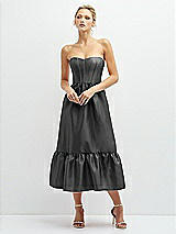 Front View Thumbnail - Pewter Strapless Satin Midi Corset Dress with Lace-Up Back & Ruffle Hem