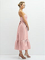 Side View Thumbnail - Rose - PANTONE Rose Quartz Strapless Satin Midi Corset Dress with Lace-Up Back & Ruffle Hem