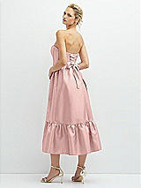 Rear View Thumbnail - Rose - PANTONE Rose Quartz Strapless Satin Midi Corset Dress with Lace-Up Back & Ruffle Hem