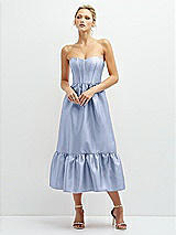 Front View Thumbnail - Sky Blue Strapless Satin Midi Corset Dress with Lace-Up Back & Ruffle Hem