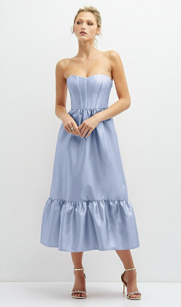Front View - Sky Blue Strapless Satin Midi Corset Dress with Lace-Up Back & Ruffle Hem