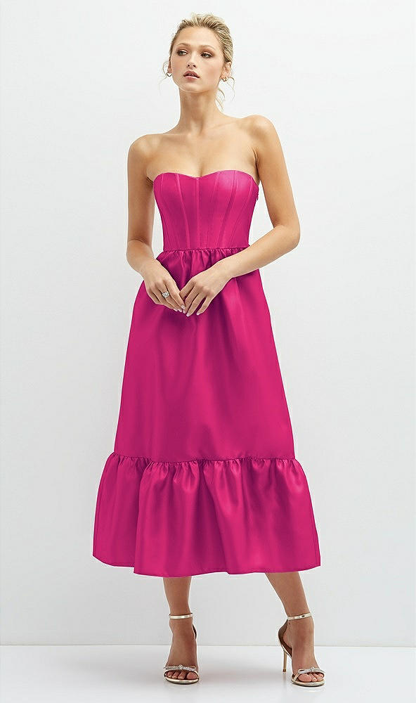 Front View - Think Pink Strapless Satin Midi Corset Dress with Lace-Up Back & Ruffle Hem